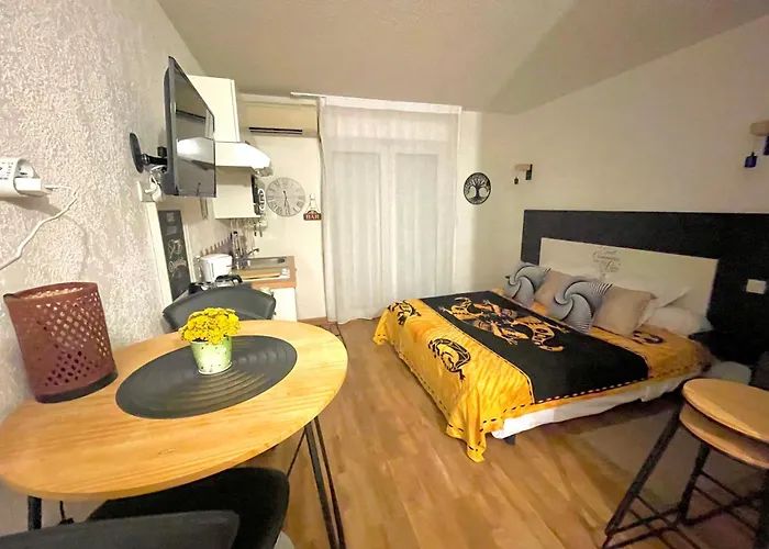 Studio Climatise Avec Terrasse Coucher De Soleil Menage Compris Pour 2 A 3 Personnes Dans Un Parc Calme Avec Double Piscine Au Sel Et Parking Prive Protege Proche Mer Et Port Lägenhet